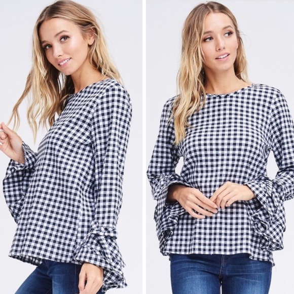 Tops - One Left*** Gingham Bell Sleeve Top